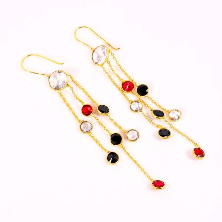 Brass 22k Gold Plated Chain Dangle Earrings with Colorful CZ Stones